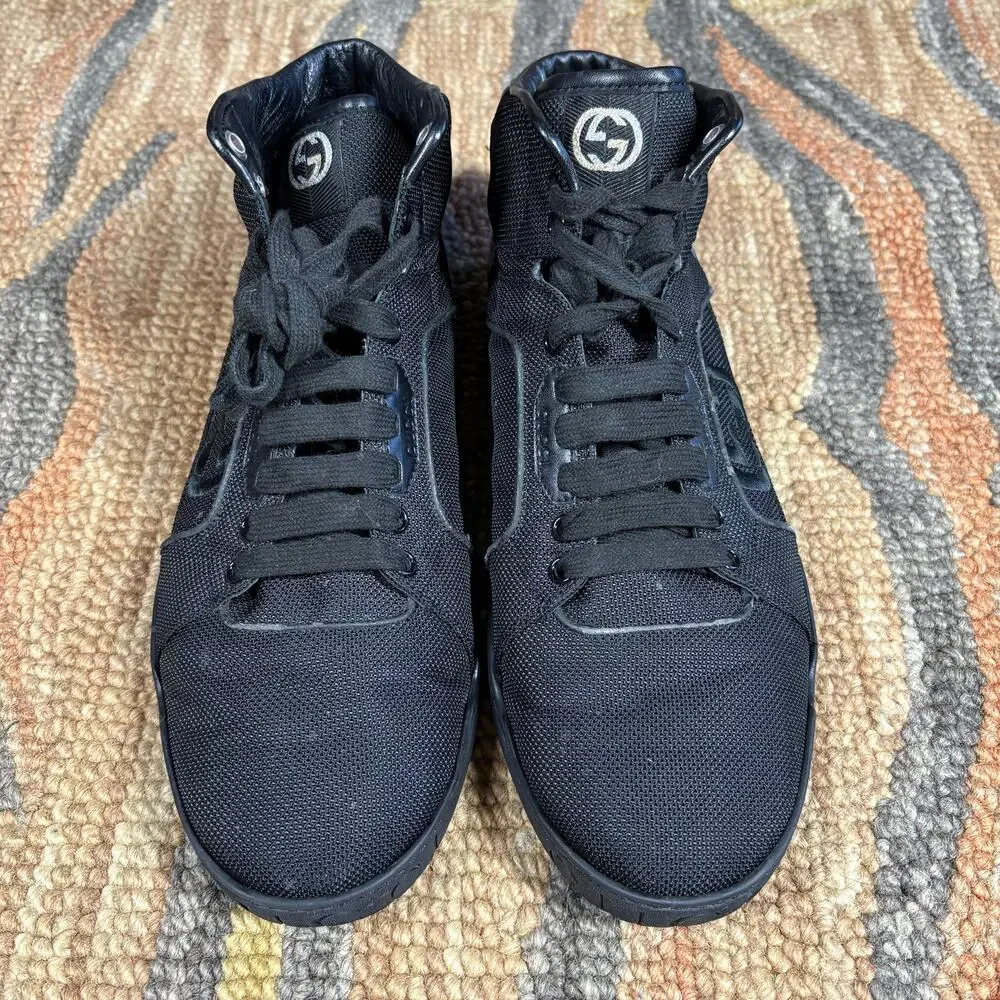 GUCCI Hi Top Black Nylon & Leather Men 10.5 US Retail $900‎ Preowned No Box